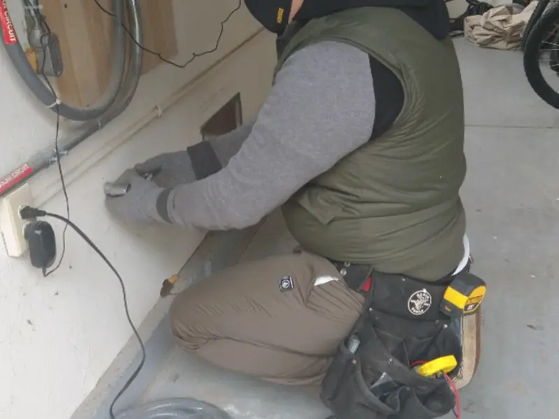 Electrician performing outlet wiring in a Hopatcong garage
